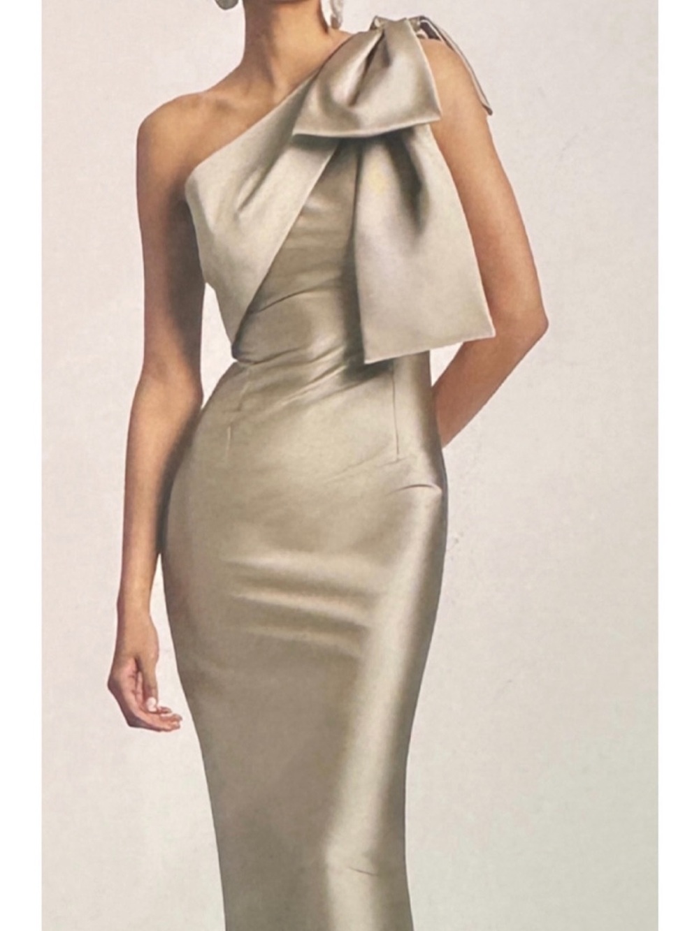 Sachin + Babi One-Shoulder Satin Bow Sheath Dress in Pewter